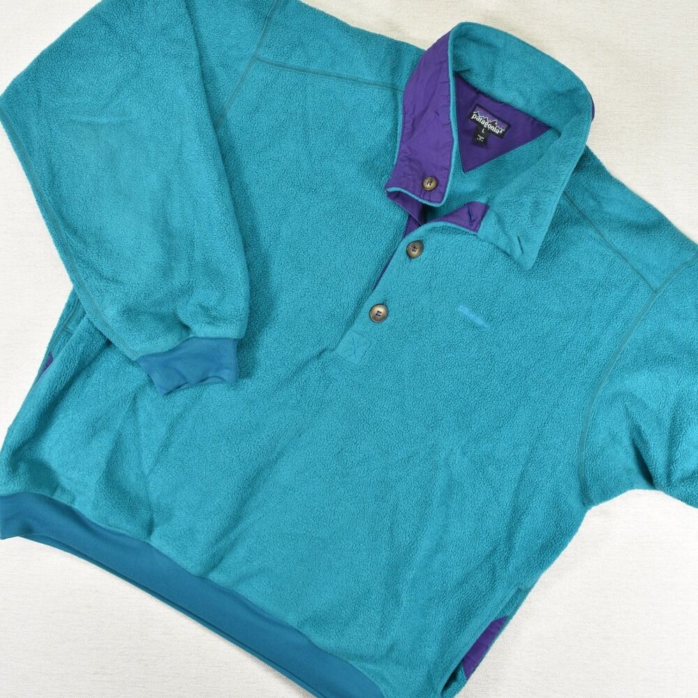 Vintage Patagonia Fleece Pullover Quarter Button Teal Purple Large Made in USA
